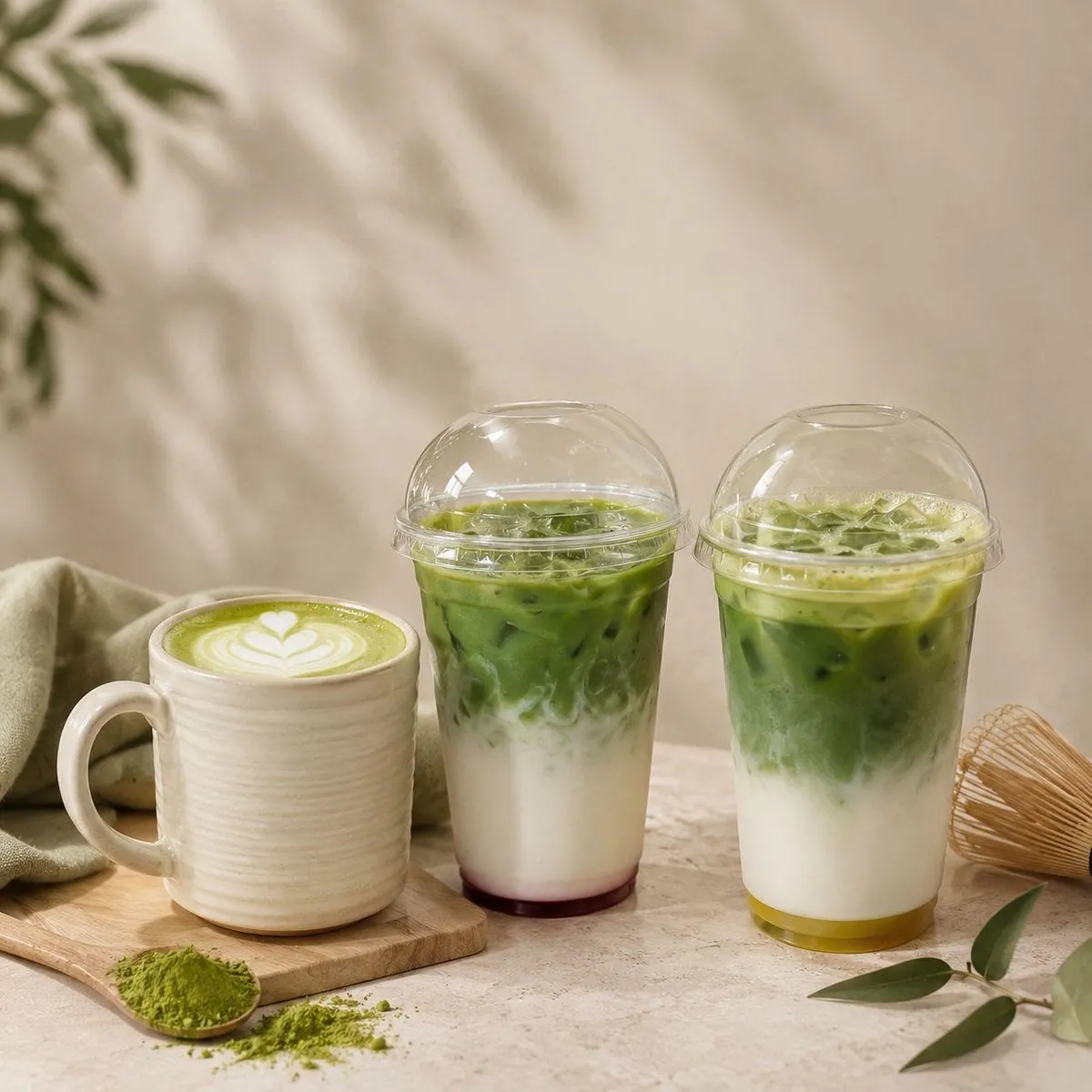 Matcha latte v hrnku a dvě ledové matchy v kelímcích s sebou